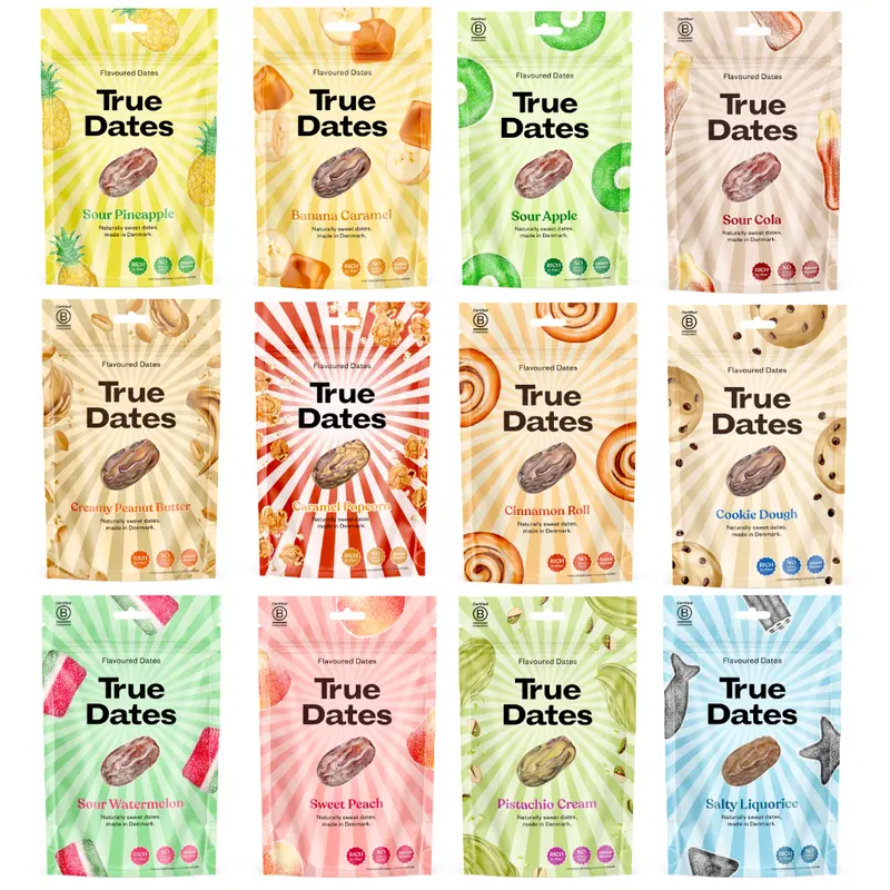True Dates Probierset – 12 Sorten, 12×100g | Sour Pineapple, Banana Caramel, Sour Cola, Sweet Peach, Peanut Butter, Cookie, Salty Liquorice, Popcorn, Pistachio, Cinnamon Roll, Watermelon, Sour Apple | natürlich aromatisierte Datteln