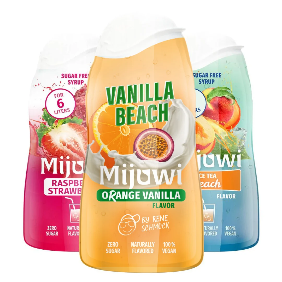 Mijuwi Fantastic Starter Set Sirup ohne Zucker - 6x 48 ml, zuckerfreier Sirup + Shaker, 100% vegan, für 6-8 Liter Getränk pro Sirup, natürlich aromatisiert, Wild Cola, Dragonfruit & Mango, Grenadine, Apple & Pear, Vanilla Beach, Ice Tea Peach - Image 6